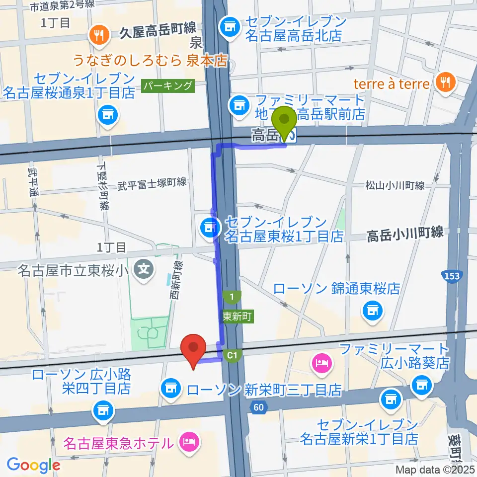 高岳駅から中電ホールへのルートマップ地図