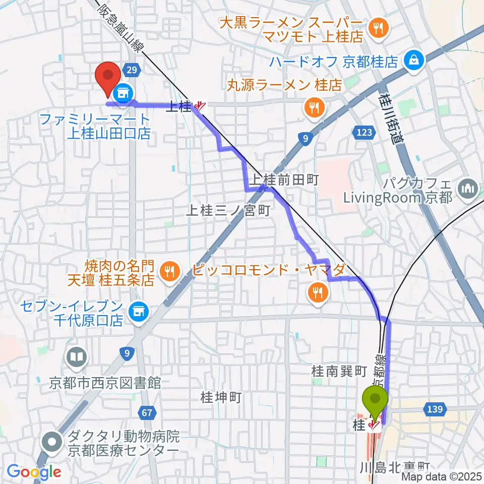 桂駅から青山音楽記念館バロックザールへのルートマップ地図