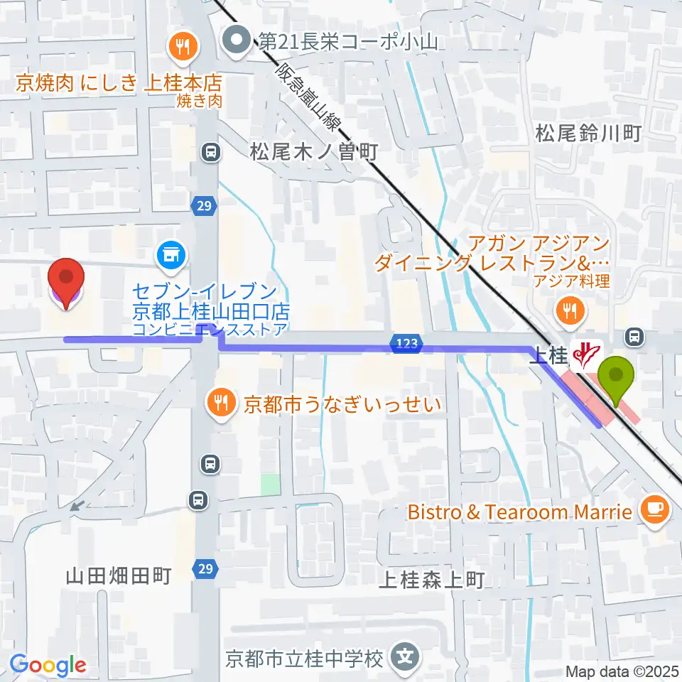 青山音楽記念館バロックザールの最寄駅上桂駅からの徒歩ルート（約6分）地図