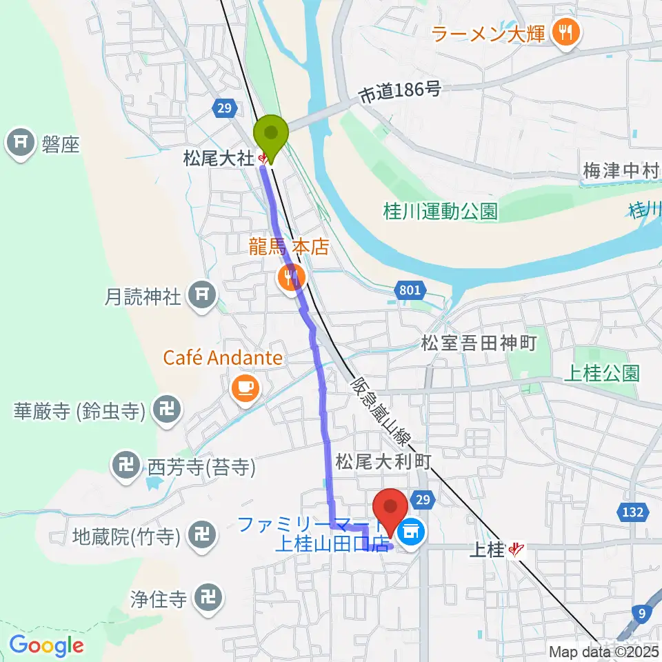 松尾大社駅から青山音楽記念館バロックザールへのルートマップ地図