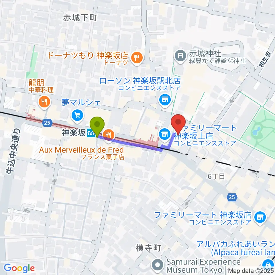 音楽の友ホールの最寄駅神楽坂駅からの徒歩ルート（約2分）地図