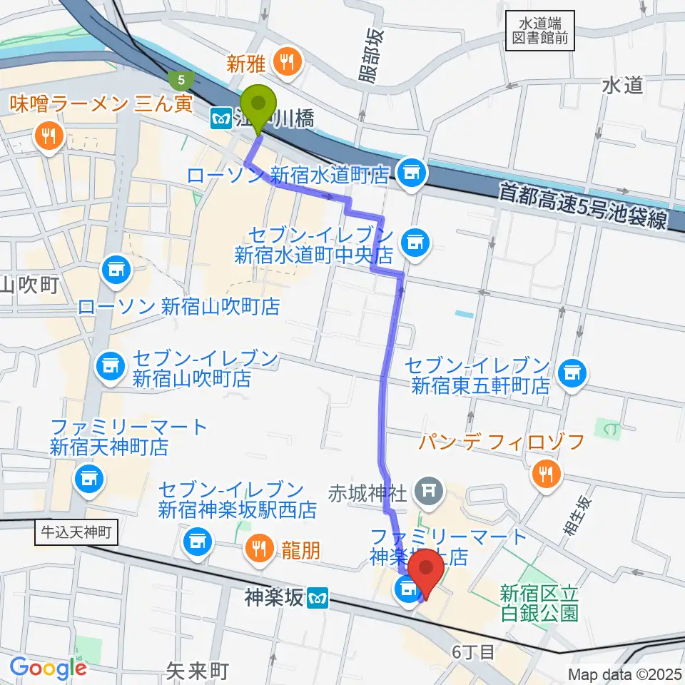 江戸川橋駅から音楽の友ホールへのルートマップ地図