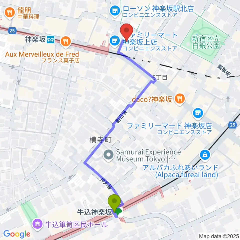 牛込神楽坂駅から音楽の友ホールへのルートマップ地図