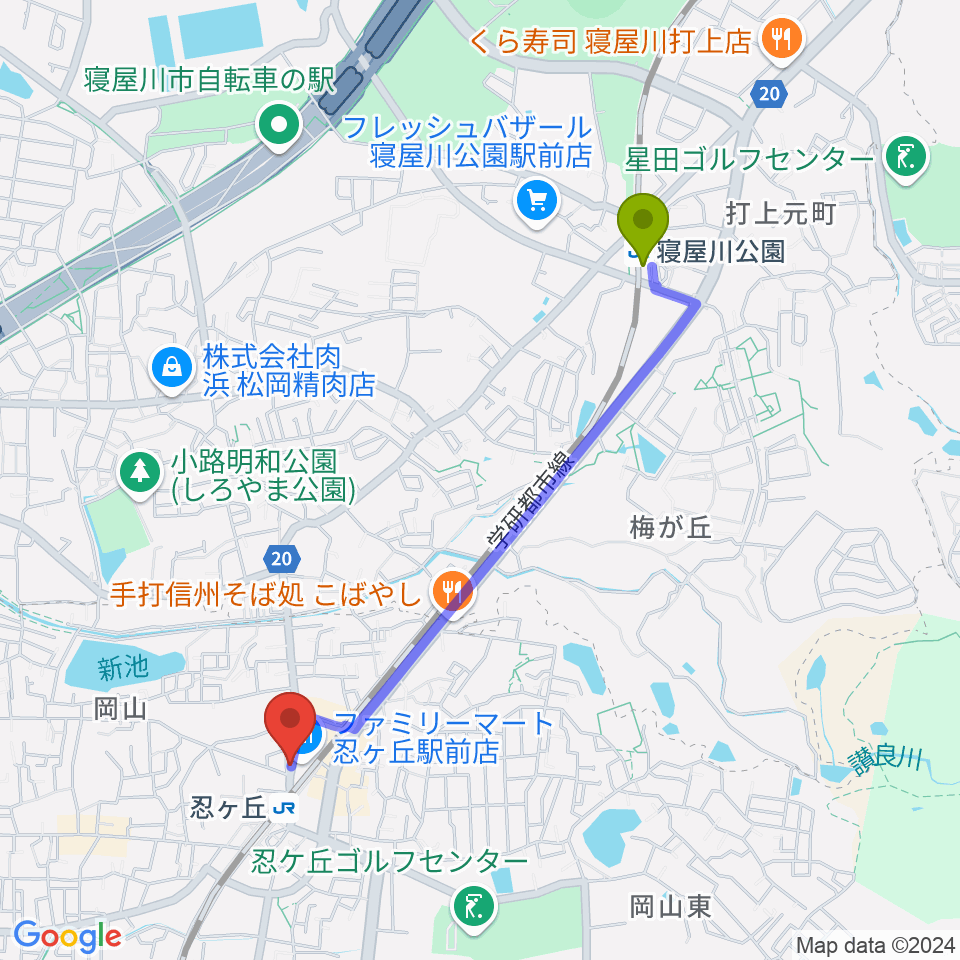 寝屋川公園駅からスタジオ・ペグへのルートマップ地図