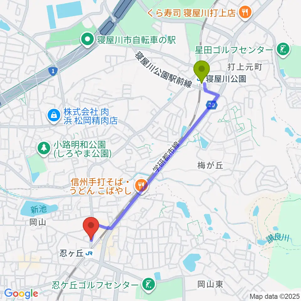 寝屋川公園駅からスタジオ・ペグへのルートマップ地図
