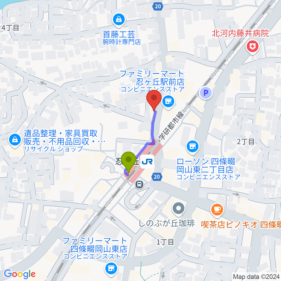 スタジオ・ペグの最寄駅忍ケ丘駅からの徒歩ルート（約2分）地図