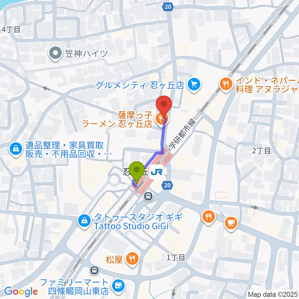 スタジオ・ペグの最寄駅忍ケ丘駅からの徒歩ルート（約2分）地図