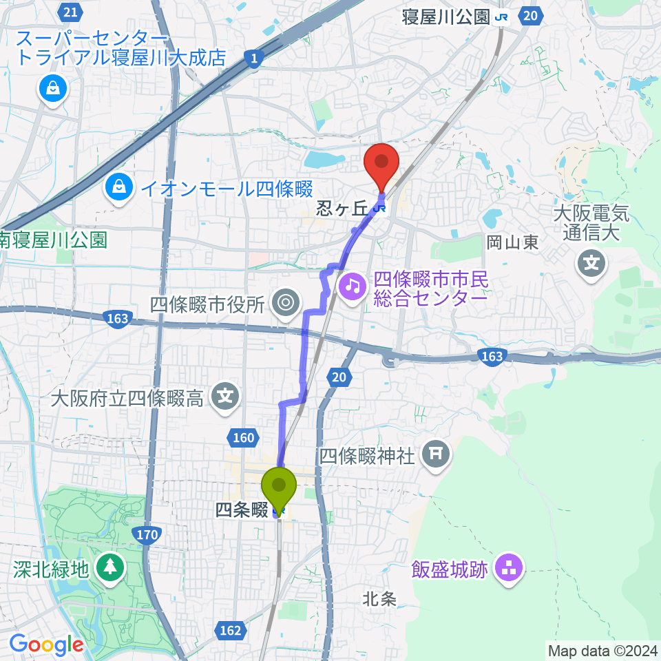 四条畷駅からスタジオ・ペグへのルートマップ地図