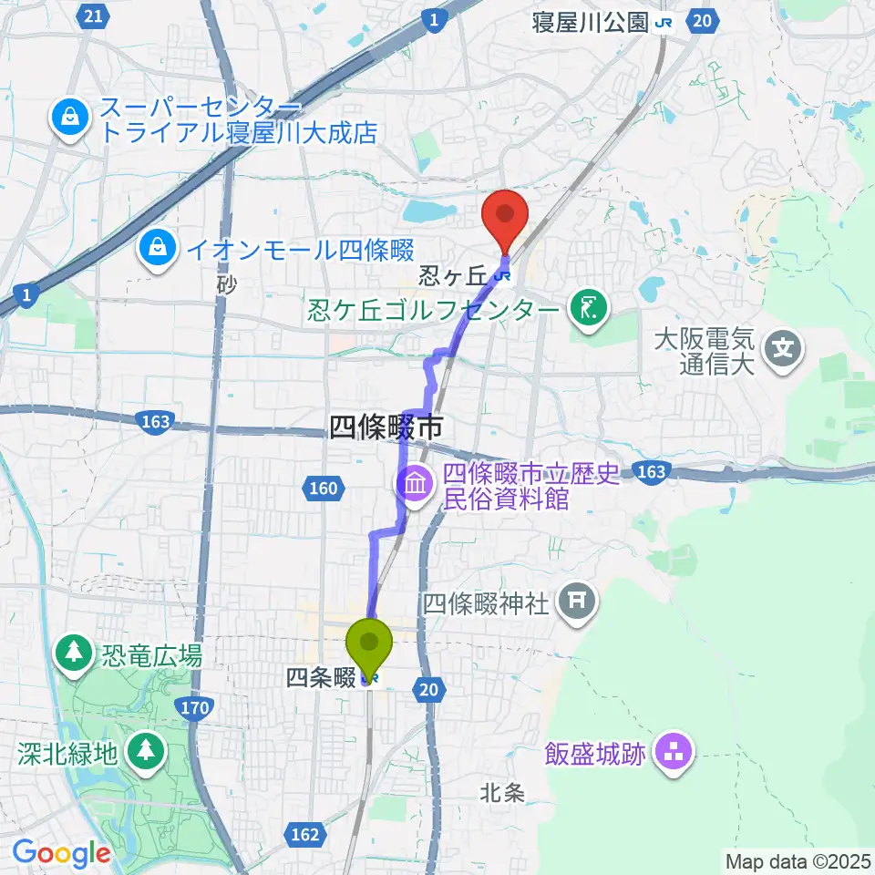 四条畷駅からスタジオ・ペグへのルートマップ地図