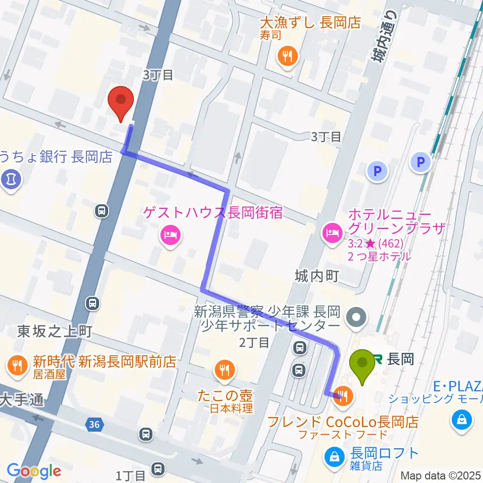 スタジオ・チャオの最寄駅長岡駅からの徒歩ルート（約6分）地図