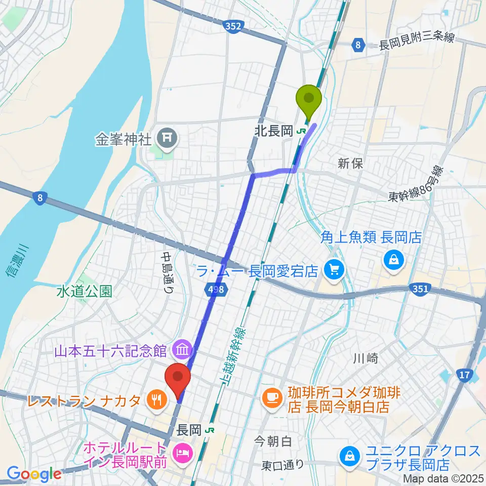 北長岡駅からスタジオ・チャオへのルートマップ地図