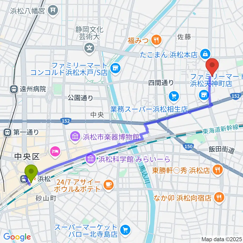 浜松駅からDT-RECORDING STUDIOへのルートマップ地図