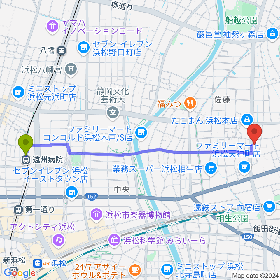 遠州病院駅からDT-RECORDING STUDIOへのルートマップ地図