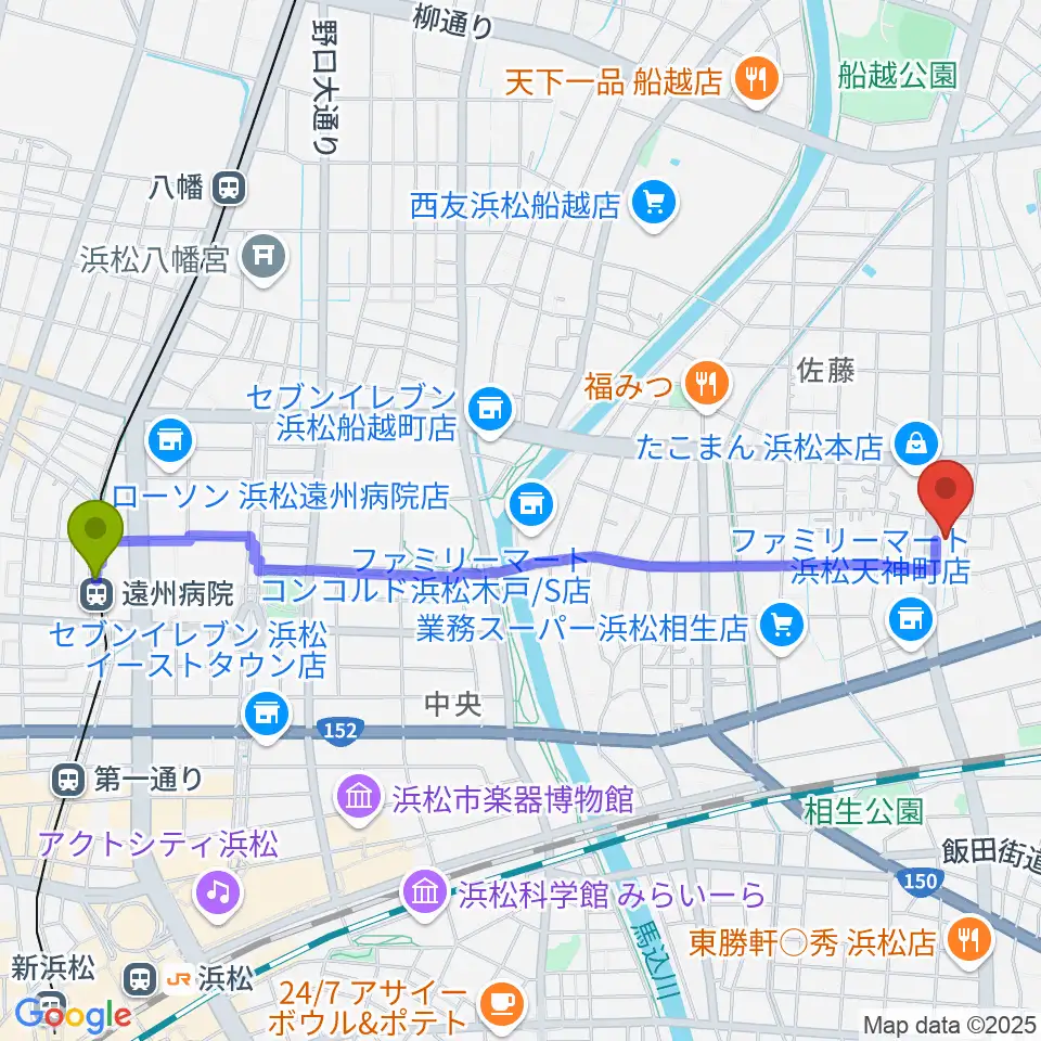 遠州病院駅からDT-RECORDING STUDIOへのルートマップ地図