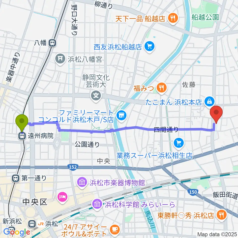 遠州病院駅からDT-RECORDING STUDIOへのルートマップ地図