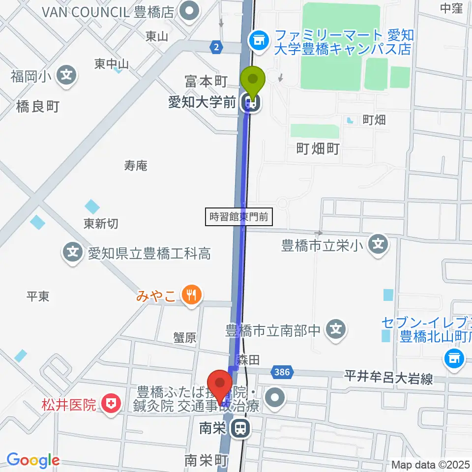 愛知大学前駅から豊橋オレンジピットへのルートマップ地図