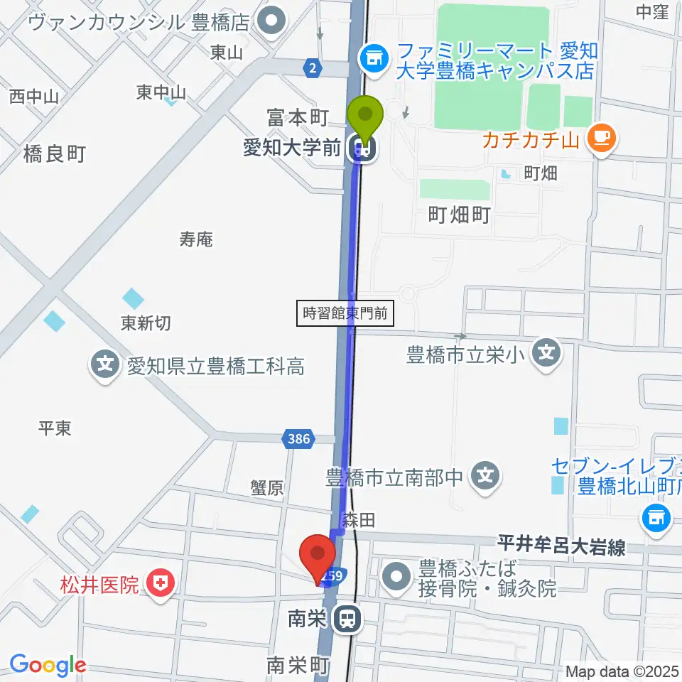 愛知大学前駅から豊橋オレンジピットへのルートマップ地図