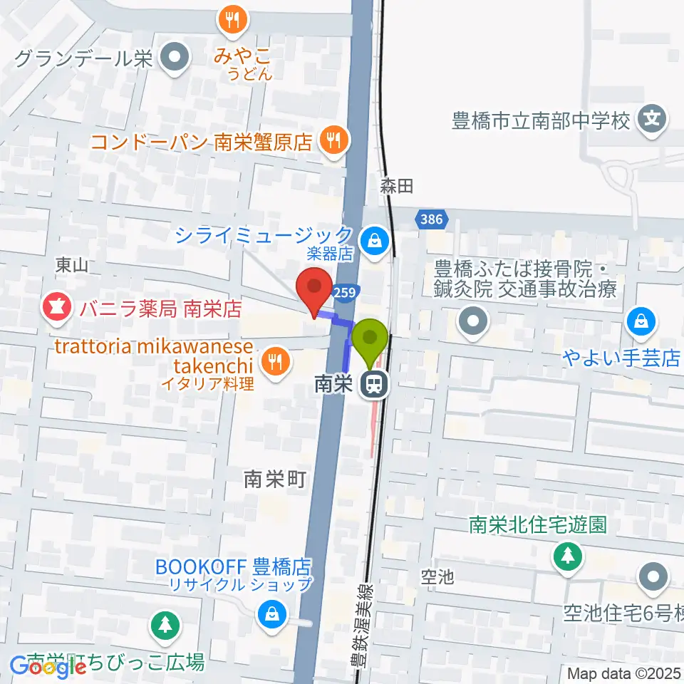 豊橋オレンジピットの最寄駅南栄駅からの徒歩ルート（約1分）地図