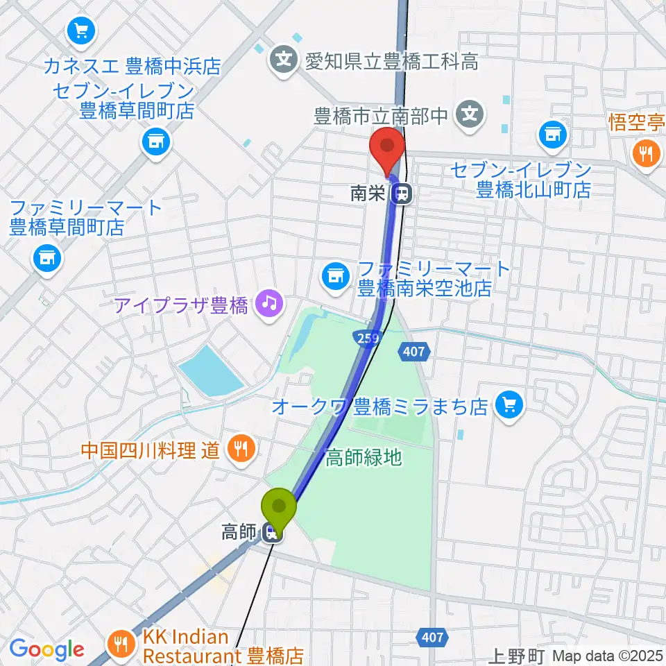 高師駅から豊橋オレンジピットへのルートマップ地図