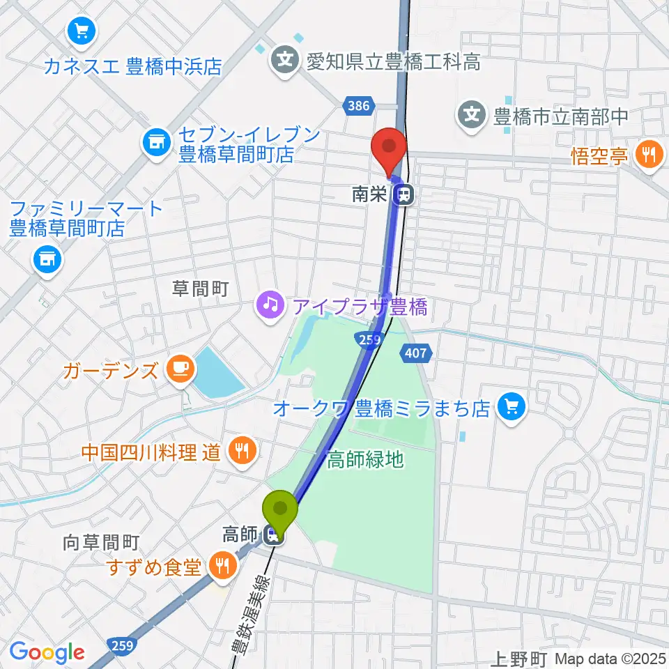 高師駅から豊橋オレンジピットへのルートマップ地図