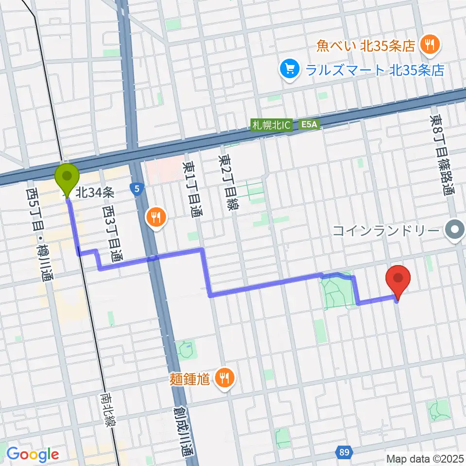 北３４条駅からHIT STUDIOへのルートマップ地図