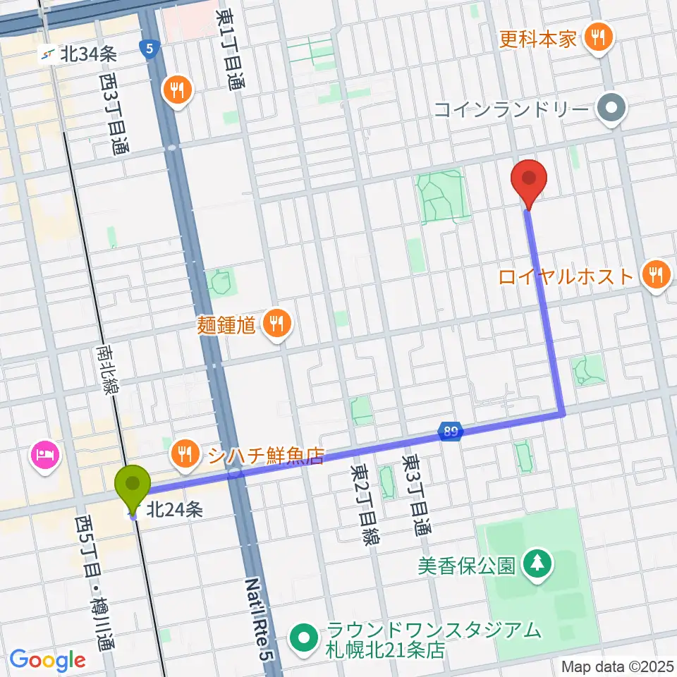HIT STUDIOの最寄駅北２４条駅からの徒歩ルート（約21分）地図