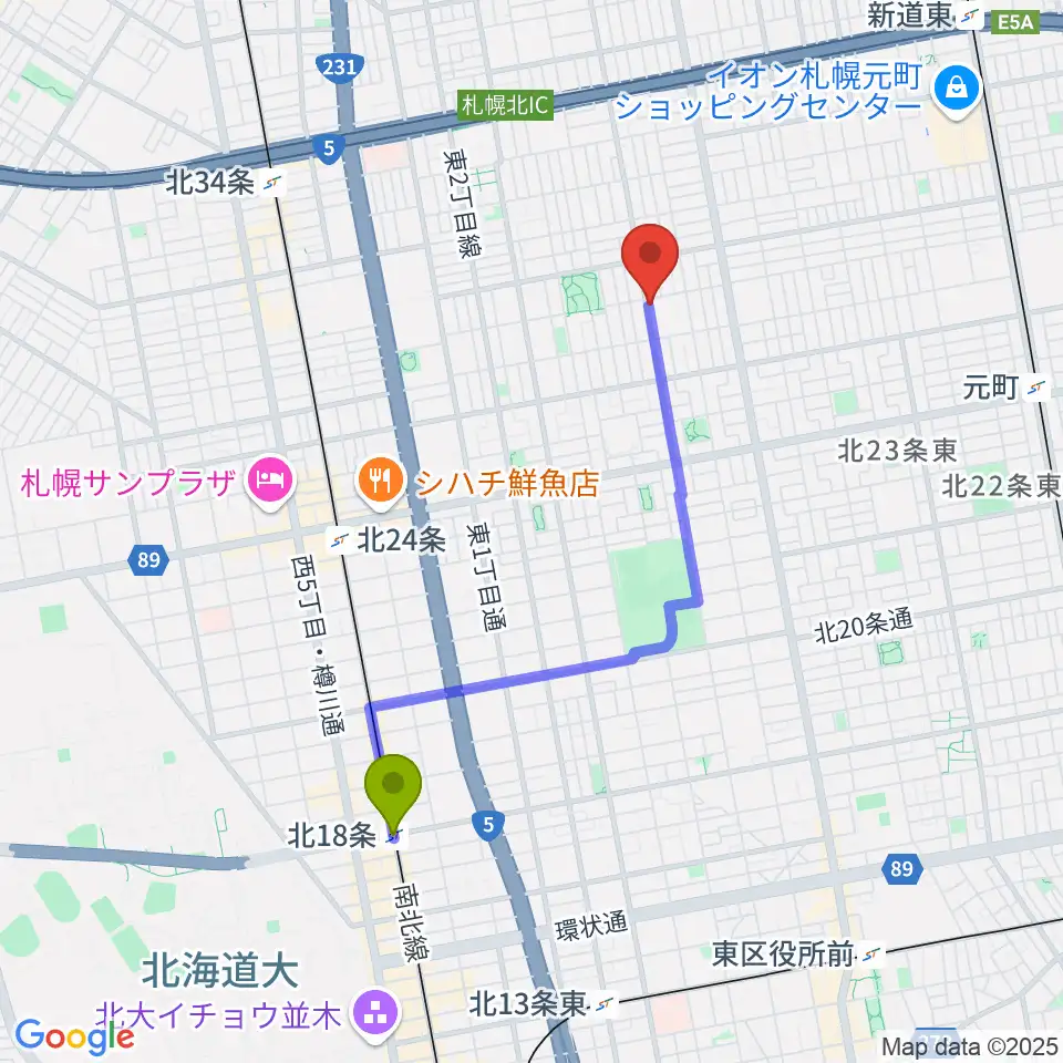 北１８条駅からHIT STUDIOへのルートマップ地図