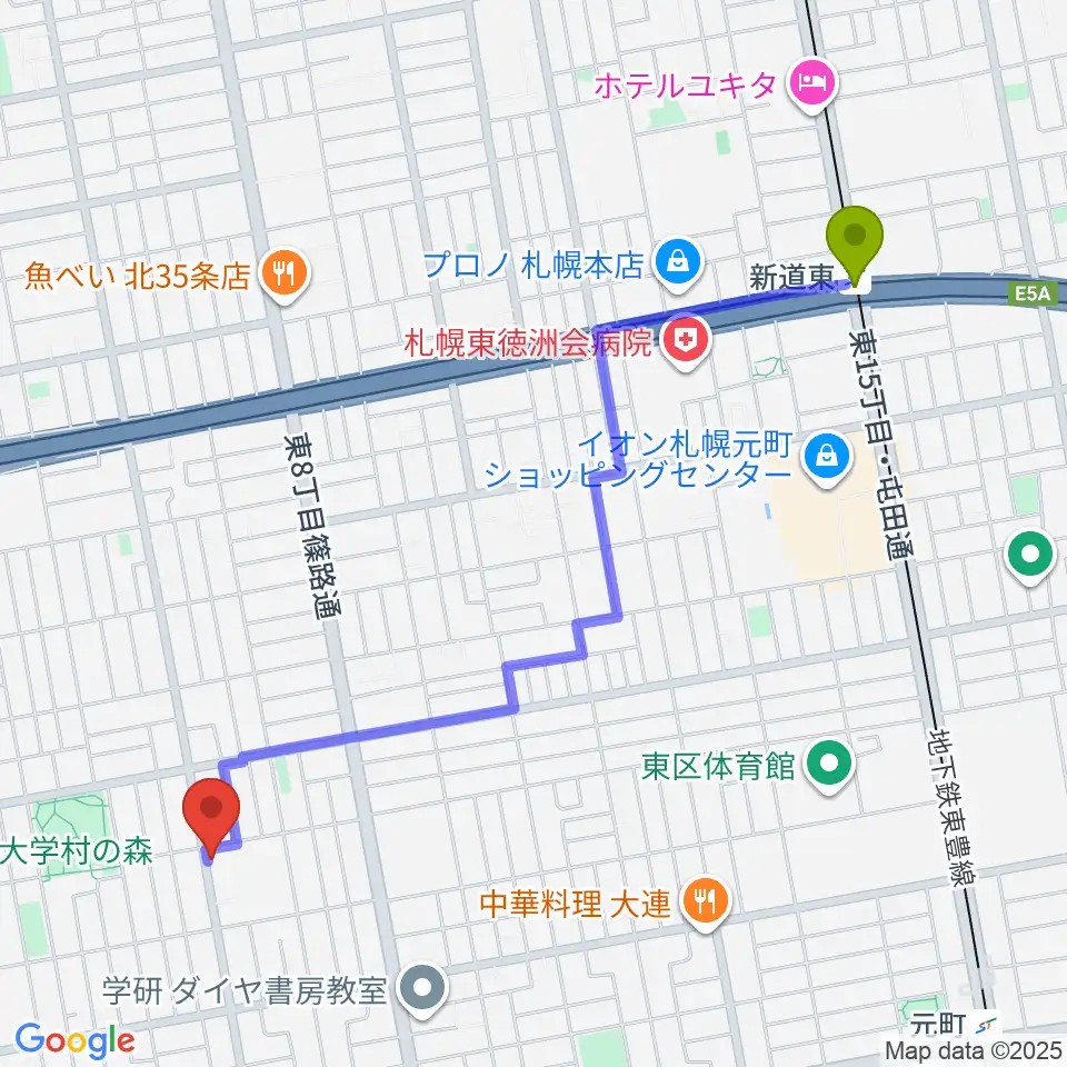 新道東駅からHIT STUDIOへのルートマップ地図