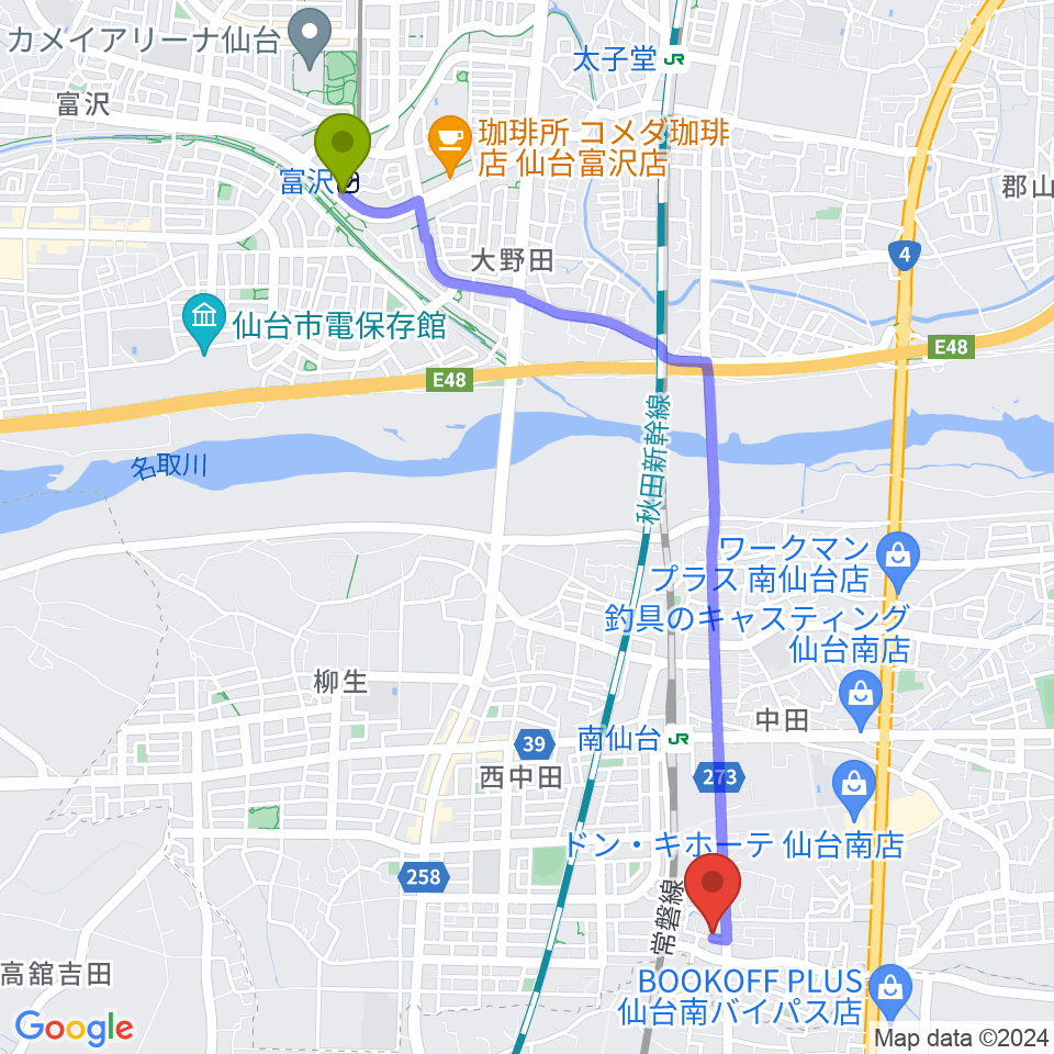 富沢駅から渡辺スタジオへのルートマップ地図