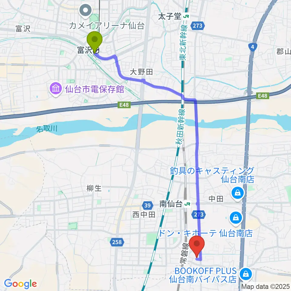 富沢駅から渡辺スタジオへのルートマップ地図