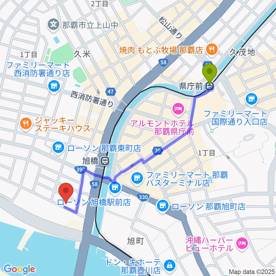 県庁前駅からstudio HYBRIDへのルートマップ地図