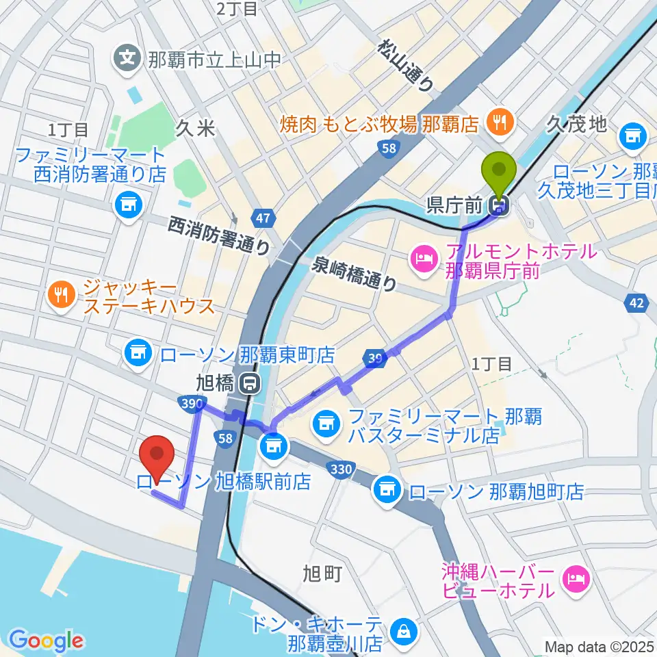 県庁前駅からstudio HYBRIDへのルートマップ地図