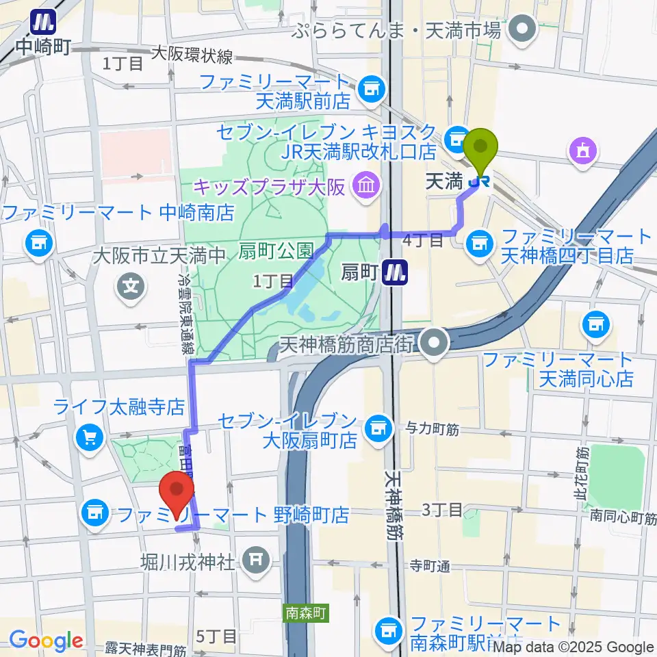 天満駅からボイトレ大阪 F-COMMUNITYへのルートマップ地図