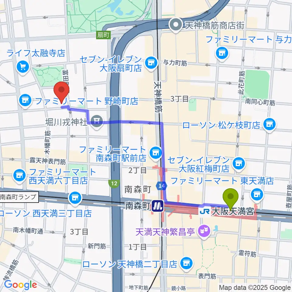 ボイトレ大阪 F-COMMUNITYの最寄駅大阪天満宮駅からの徒歩ルート（約11分）地図