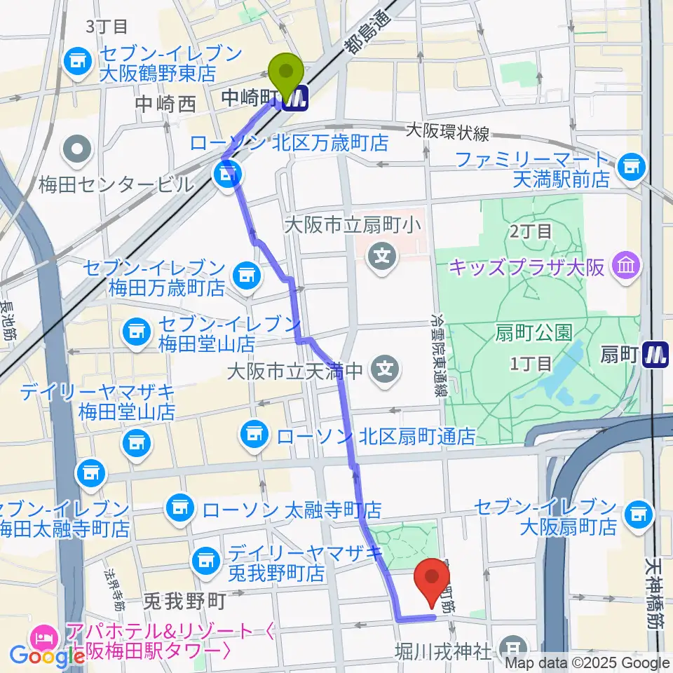 中崎町駅からボイトレ大阪 F-COMMUNITYへのルートマップ地図