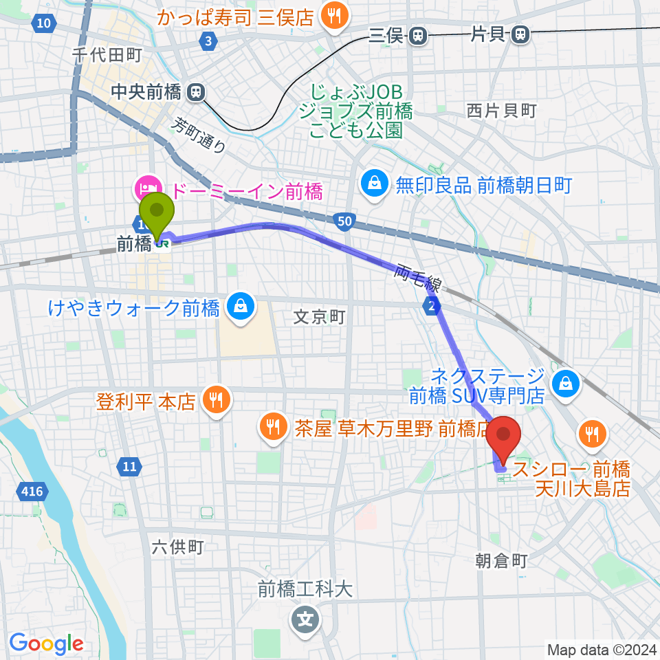 前橋駅からキャットミュージックAdachiピアノ教室へのルートマップ地図