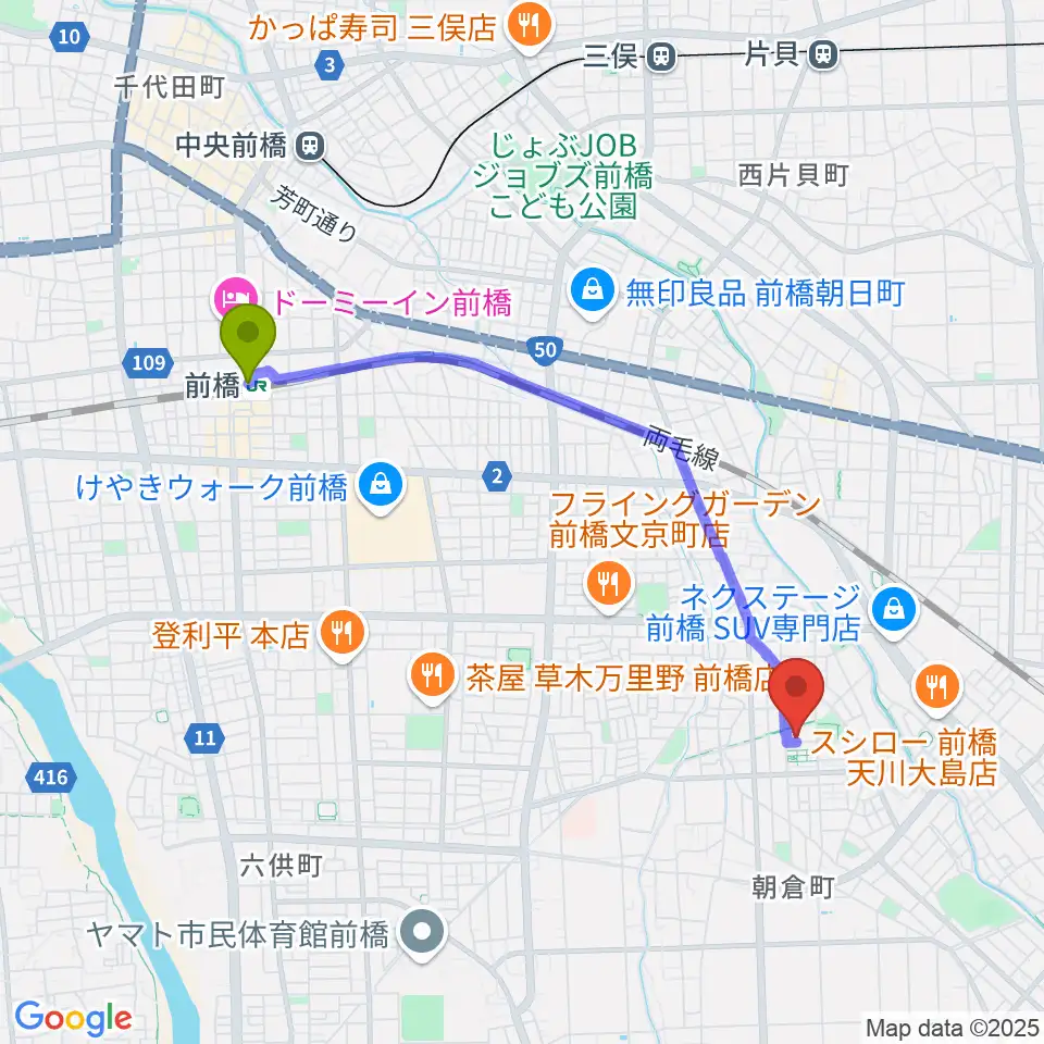 前橋駅からキャットミュージックAdachiピアノ教室へのルートマップ地図