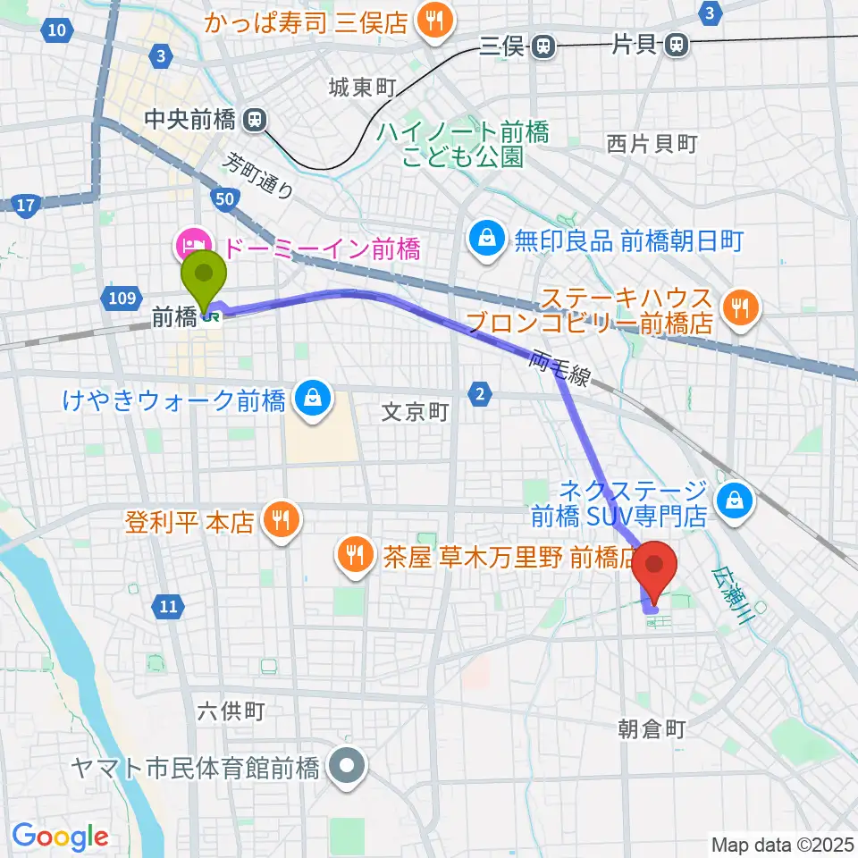 前橋駅からキャットミュージックAdachiピアノ教室へのルートマップ地図