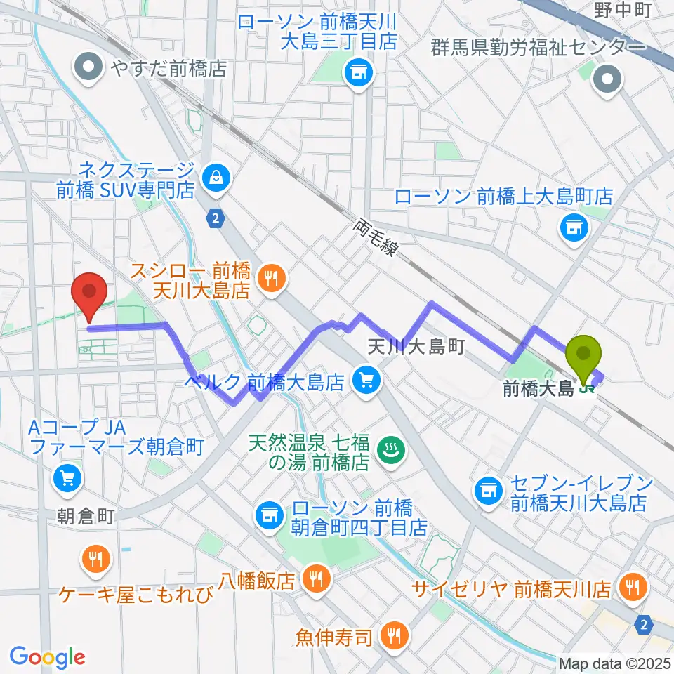 キャットミュージックAdachiピアノ教室の最寄駅前橋大島駅からの徒歩ルート（約23分）地図