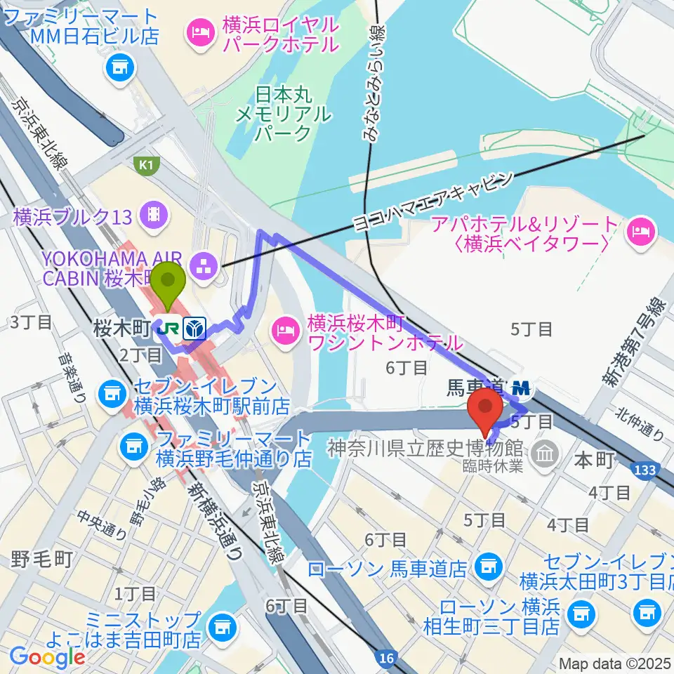 桜木町駅から馬車道King's Barへのルートマップ地図