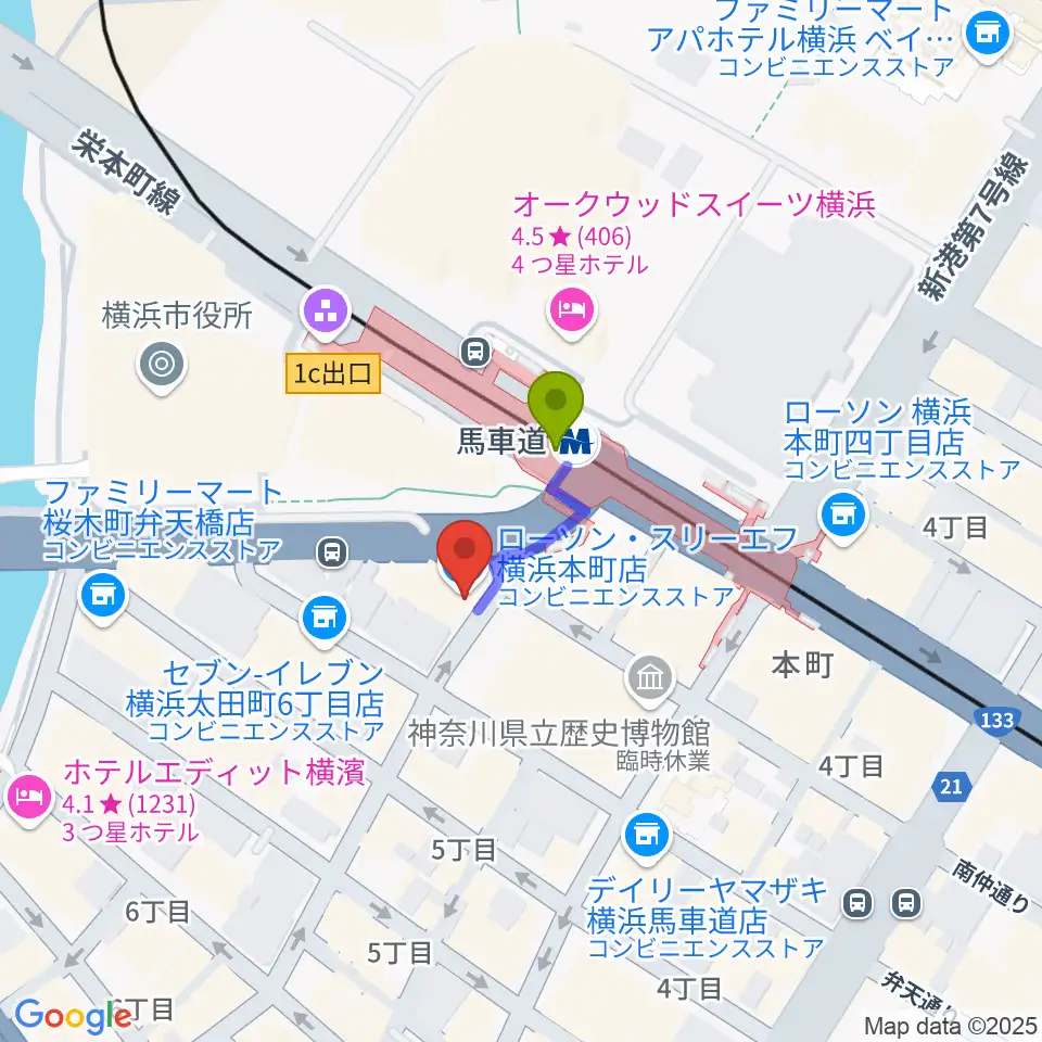 馬車道King's Barの最寄駅馬車道駅からの徒歩ルート（約1分）地図