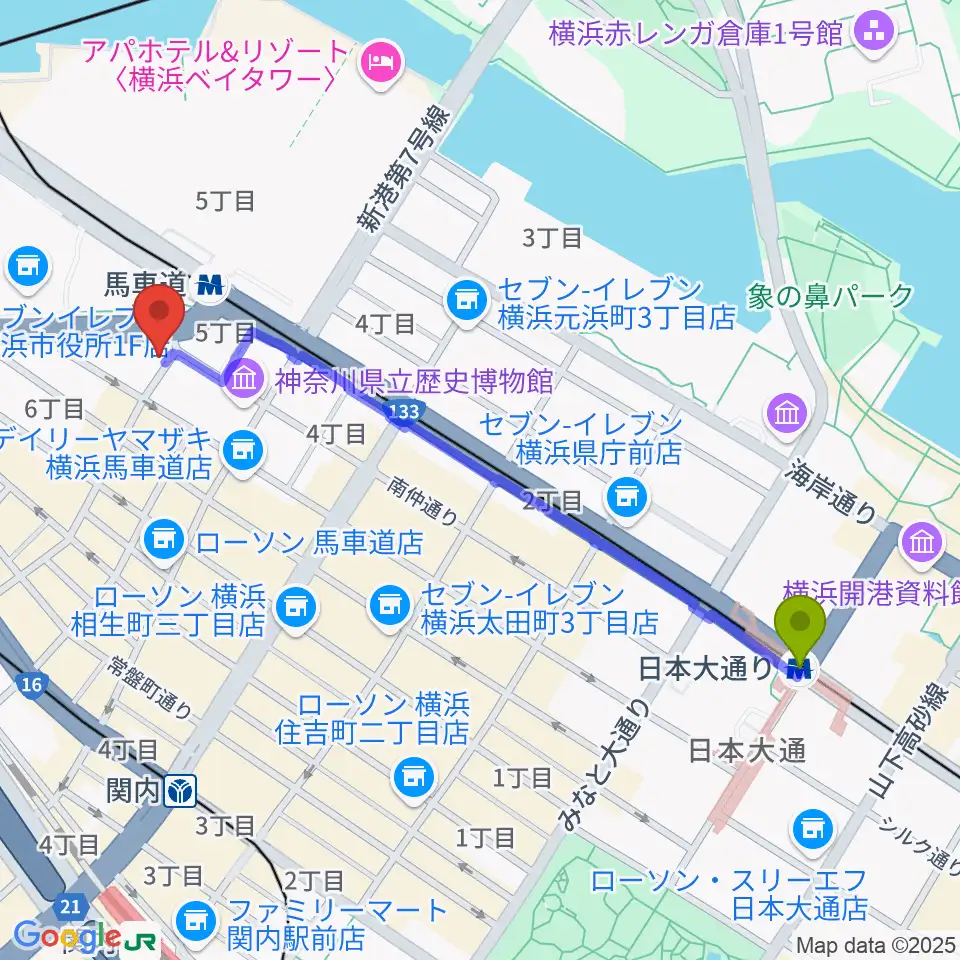 日本大通り駅から馬車道King's Barへのルートマップ地図