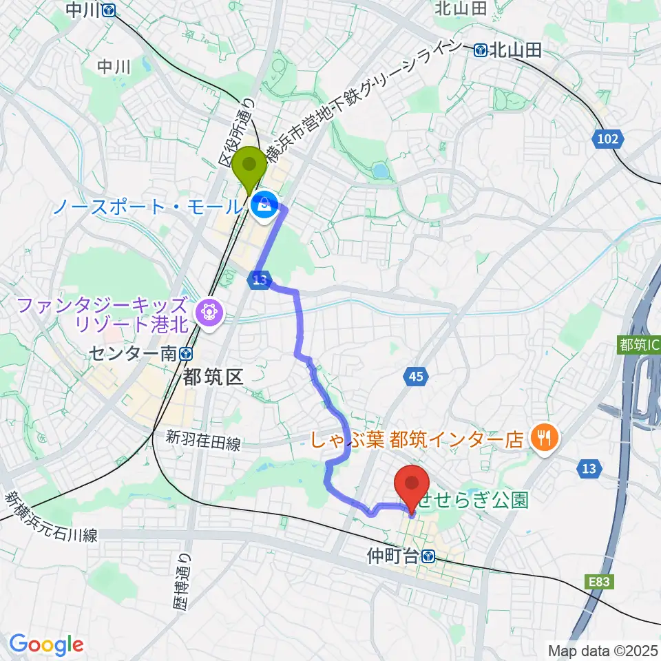 センター北駅からスタジオオーパーツへのルートマップ地図
