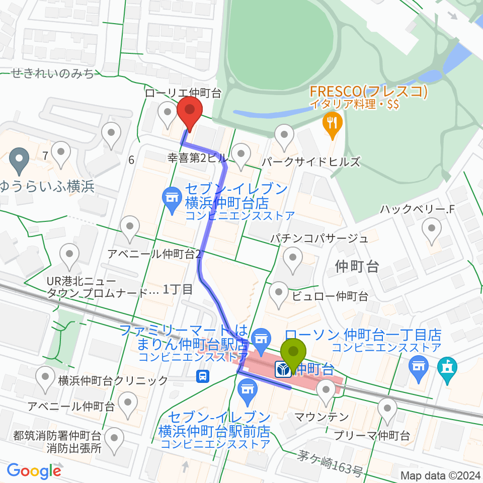 スタジオオーパーツの最寄駅仲町台駅からの徒歩ルート（約4分）地図
