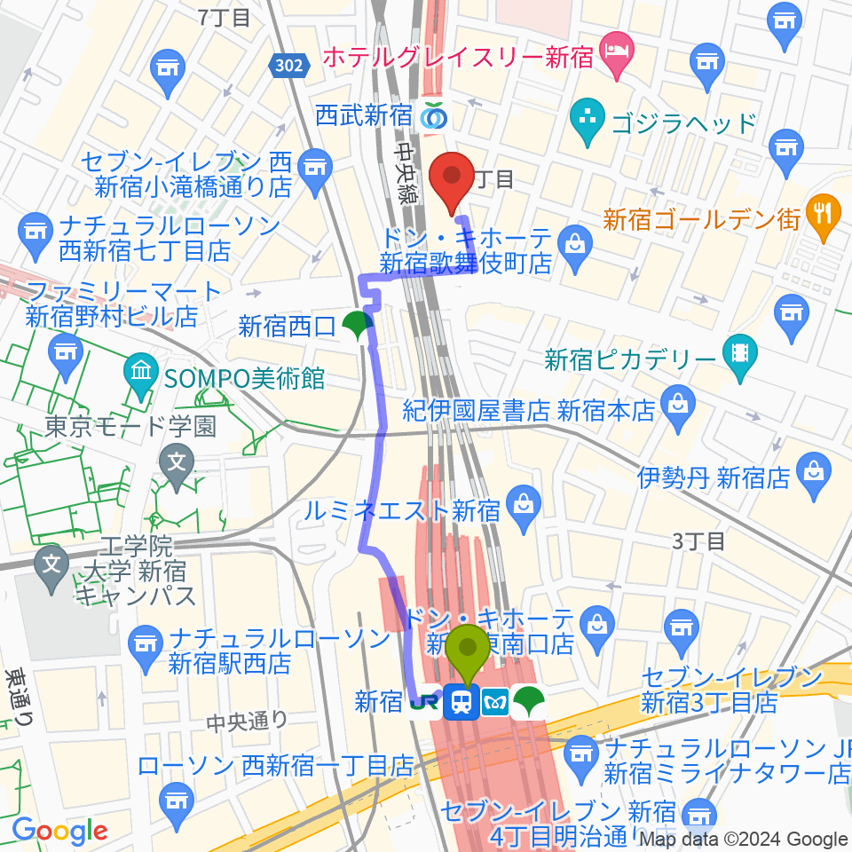 新宿駅から島村楽器 新宿PePe店へのルートマップ地図