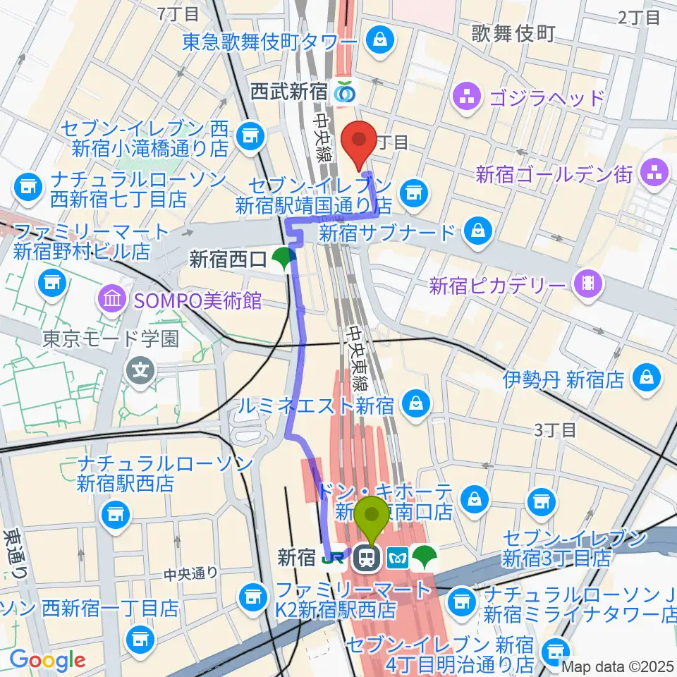 新宿駅から島村楽器 新宿PePe店へのルートマップ地図