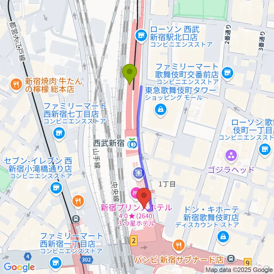 西武新宿駅から島村楽器 新宿PePe店へのルートマップ地図