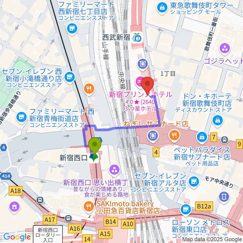 島村楽器 新宿PePe店の最寄駅新宿西口駅からの徒歩ルート（約3分）地図