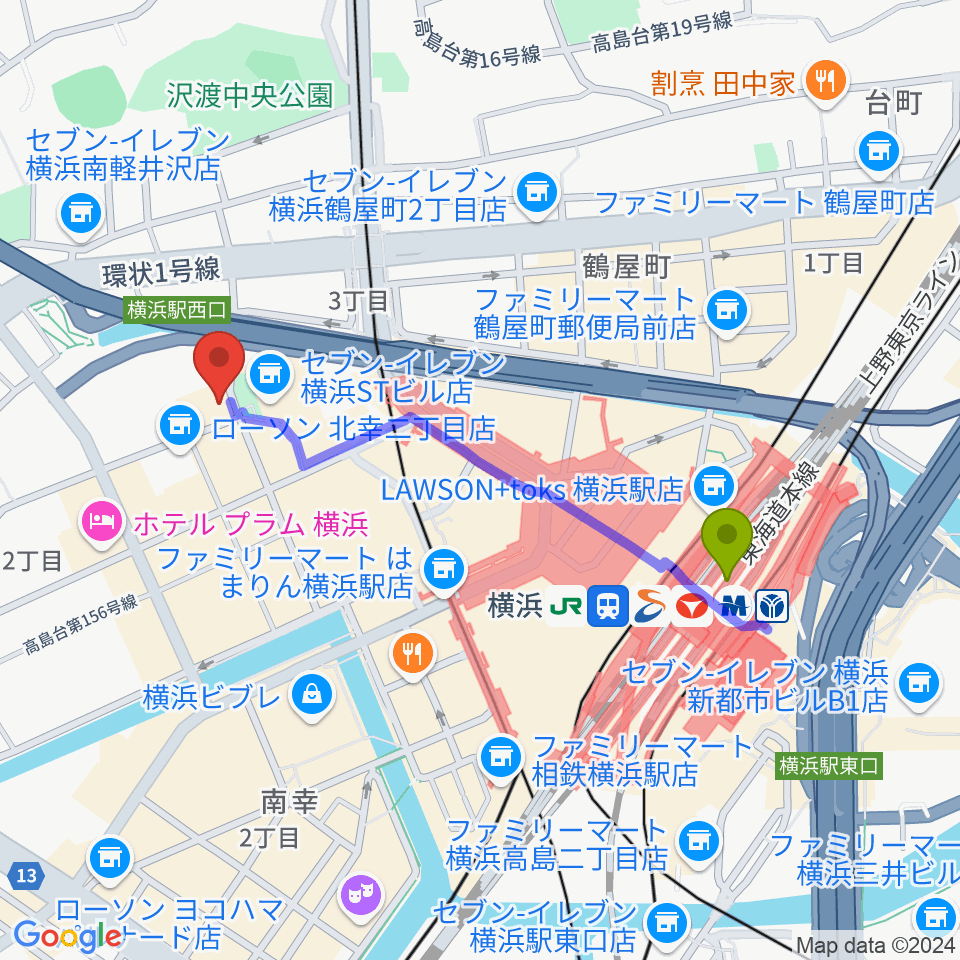 横浜ジャムラボの最寄駅横浜駅からの徒歩ルート（約9分）地図