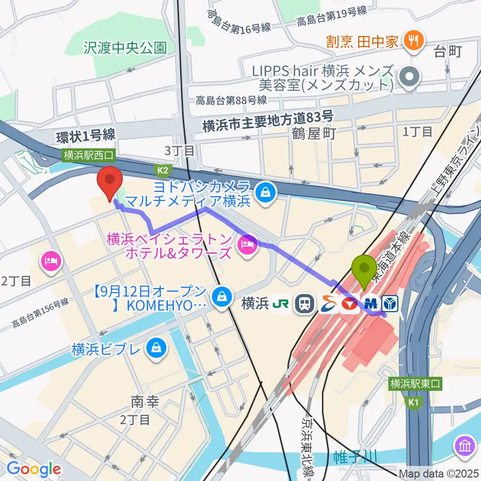 横浜ジャムラボの最寄駅横浜駅からの徒歩ルート（約9分）地図